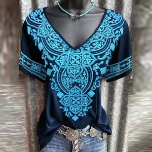 V-Neck Boho Casual T Shirt Blouse Short Loose Tops Plus Size - Cyan (Large)
